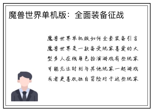 魔兽世界单机版:全面装备征战